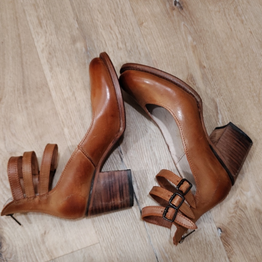 freebird Tan Leather Multi-Strap Block Heel Pumps - Picture 4 of 16